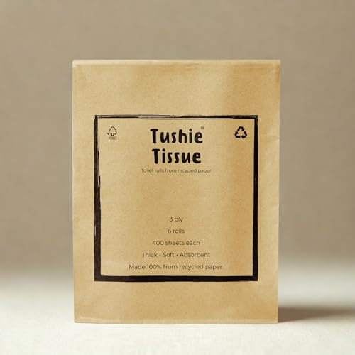 Tushie Tissue | 3-Ply Double Length Toilet Paper | 100% Recycled & FSC Certified | Unbleached Chemical-Free | 400 Sheets Per Roll | Eco & Plastic-Free Packaging