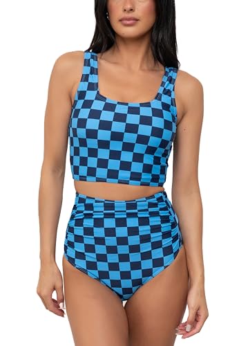 Coral Reef Swim Tankini Swimsuits - Square Neck Tankini Top & High Waisted Ruched Bikini Bottoms-Blue/Black (XXS-3XL)2