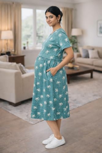 Image of Maternity Feeding Maxi Dress with Pockets, Green Butterfly Print, Zipless Long Pregnancy Gown, Pre & Post Maternity Wear Ankle Length