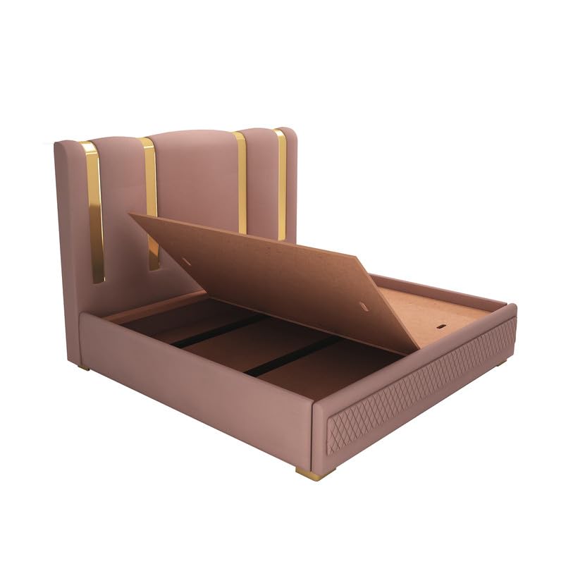 Image of STRATA FURNITURE Solid Wood Queen Size Bed with Box Storage and Upholstered Headboard | Modern Wooden Double Bed Cot Palang Furniture for Bedroom, Hotel, Living Room, and Home (Onion Pink)