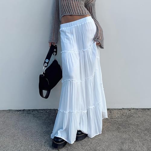 Womens Flowy Maxi Skirt Summer Boho Elastic High Waist A-Line Beach Swing Ruffle Hem Tiered Long Skirt3