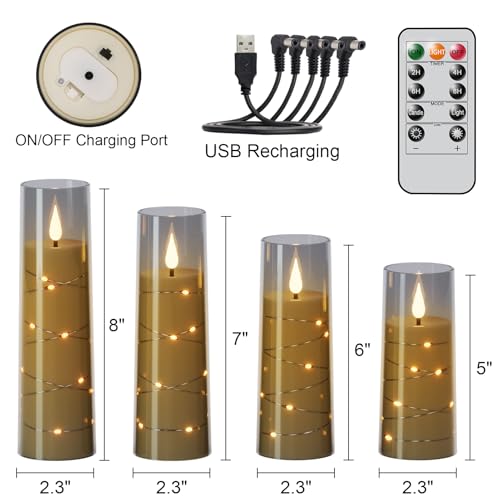 Image of Rechargeable Flameless Flickering Candles String Lights Battery Operated with Remote and Timer Plastic Glass 3D Wick LED Pillar Candle Dinner Christmas Holiday Decor(2.3 inchD x 5 inch, 6 inch, 7 inch, 8 inchH)