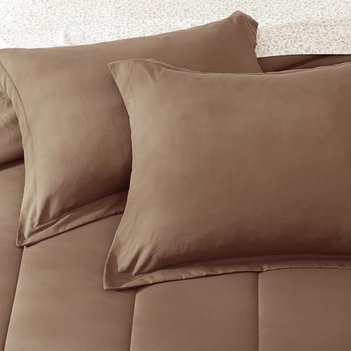 Image of Monbix Queen Comforter Set - 7 Pieces Brown Bed in a Bag Queen Track Stitching Bedding Sets, All Seasons Comforter Bed Set with Sheets,Pillowcases & Shams
