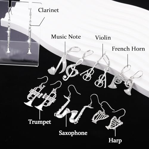 925 Sterling Silver Music Earrings - Violin/Clarinet/Trumpet/French Horn/Treble Clef/Saxophone/Harp Dangle Earrings Musical Instrument Jewelry Gifts for Musician Teacher Women Men4