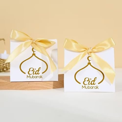 Elegant Eid Mubarak Gift Boxes with Gold Ribbon – 10 Pack – Premium White & Gold Foil Mosque Design – Ideal for Dates, Sweets, Jewelry and Eid Al-Fitr Party Favors