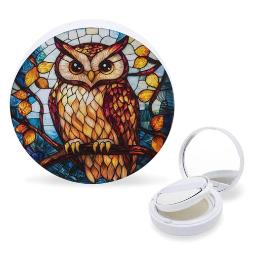 Hayyett Cute Owl Stained Glass Air Cushion Puff Box Portable Cosmetic Makeup Case Container,Loose Powder Foundation Container