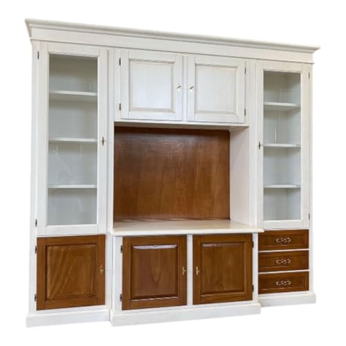 Vicentini arreda PARETE ATTREZZATA ALBERTA IN LEGNO SHABBY CHIC BIANCO OPACO E NOCE BASSANO CON ANTE BUGNATE