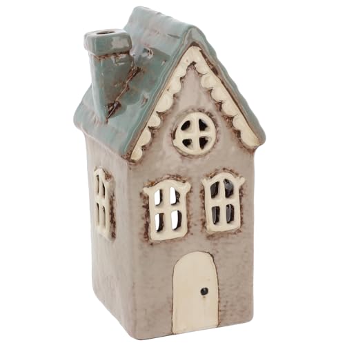 Shudehill Giftware Village Pottery Tealight Holder Ceramic Scalloped House Collection - Grey, Blue and Navy (Grey)
