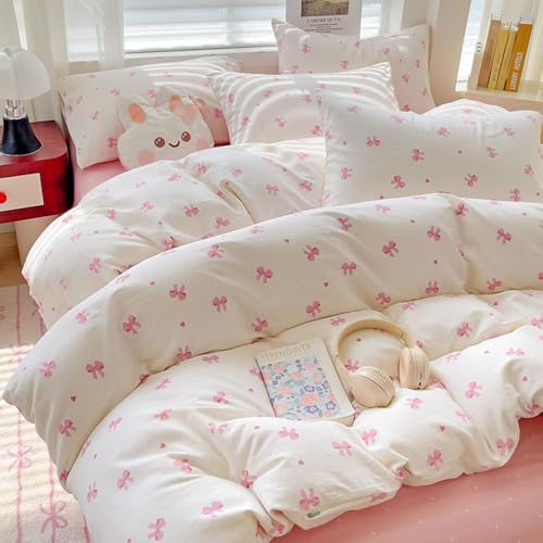 Image of Nayoroom Pink Bow Duvet Cover Full Size Heart Bows Printed Coquette Bedding Set 3 Pcs Kids Girls Cute Comforter Cover with Zipper Closure Soft Breathable Microfiber