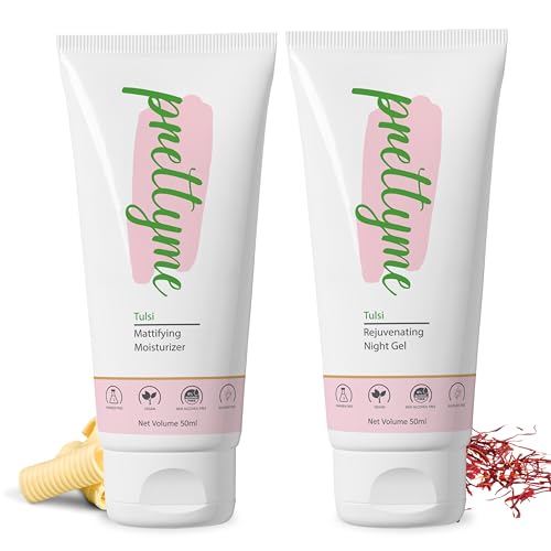 Image of Prettyme Tulsi Face Moisturizer & Night Cream Combo - 100ml | Reduces Dark Spots & Pigmentation, Anti Aging, Skin Repair, Fights Acne, Clear & Fresh Skin | Set of 2: Day Cream, Night Gel