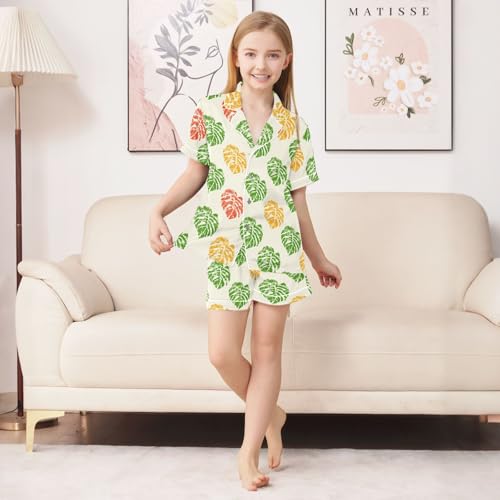 Retro Beautiful Leaves Abstract Pattern Summer Satin Pajama Set, Cute Button-Down Sleepwear Pj Set for Sleep Wears3