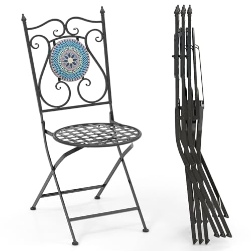 Giantex Set of 4 Patio Folding Chairs, Mosaic Bistro Chairs w/Backrest & Round Seat, Heavy-Duty Metal Frame, 330lbs Capacity, Outdoor Use for Porch Balcony Lawn