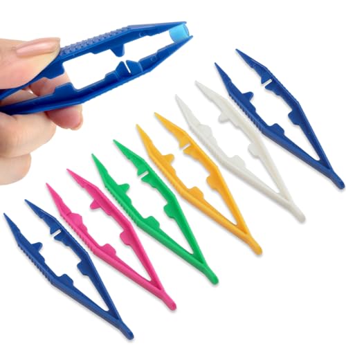 6-Piece Plastic Craft Tweezers for Kids Non-Slip Bead & DIY Jewelry Making Tools (White Pink Blue Yellow Green)