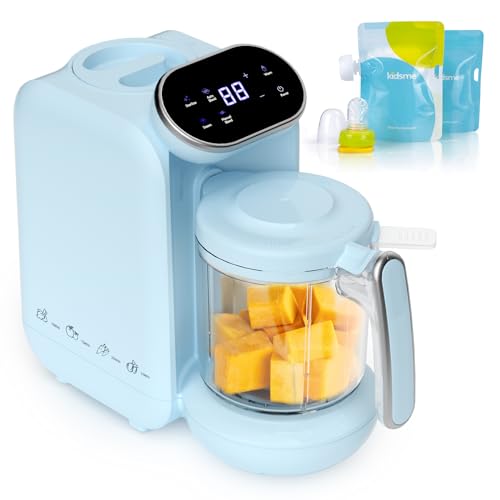 Baby Food Maker, 5 in 1 Baby Food Processor, Smart Control Multifunctional Steamer Grinder with Food Pouches, Puree Blender, Auto Cooking & Grinding, Baby Food Warmer Mills Machine, Blue