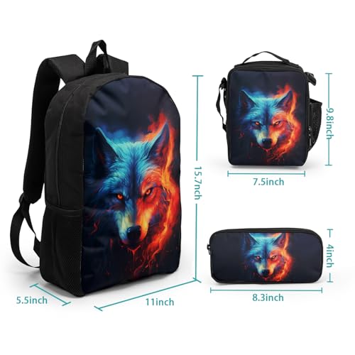 Nerxy Wolf School Backpack Set 3 Pcs, Red Blue Animal Printed School Bags Shoulder Bookbag with Lunch Box Pencil Holder 3 in 1 for Elementary Middle High Students Teenager Girls Boys2