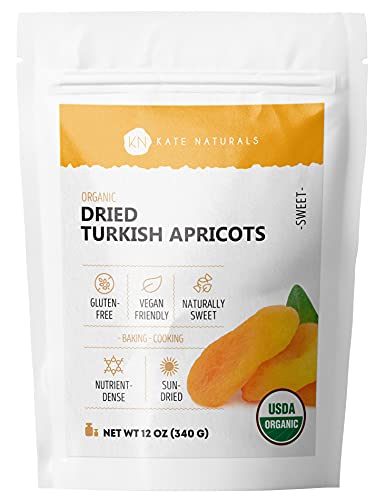 Organic Turkish Sun-Dried Apricots by Kate Naturals. 100% Natural & Gluten-Free. Delicious Vegan Sun-Dried Ripe Apricots. Ideal for Snacking, Baking & Cooking. Resealable Bag. 12 oz.