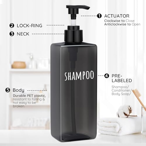 Image of Segbeauty 16.9oz Black Shampoo and Conditioner Dispenser, 3pcs Refillable Plastic Empty Body Lotion Soap Dispenser Liquid Hand Gel Container for Bathroom, 500ml Pre-Printed Large Pump Bottles Kitchen