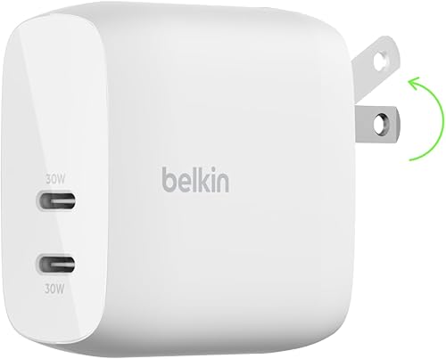 Belkin Bloque de cargador dual USB C de 60 W con carga súper rápida PPS - Samsung Galaxy S25, Apple iPhone 17, Air, Pro, Pro Max, iPad, AirPods,