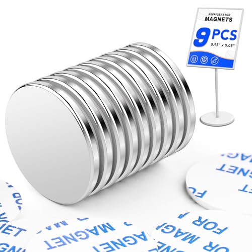 LOVIMAG Super Strong Magnets with Double-Sided Adhesive, Powerful Rare Earth Magnets, 9Pack Disc Fridge Magnet for Craft, DIY, Cabinet, Office, Refrigerator - 0.98 inch x 0.08 inch