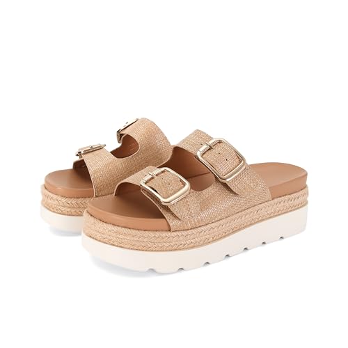 DOEYG Raffia Platform Sandals for Women Woven Flatform Slide Sandals Summer Beach Wedges Comfortable Casual Straw Crochet Espadrille Slides Nude Size 7.5