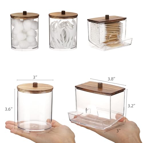 Image of Tbestmax 4 Pack Qtips Dispenser Bathroom Container, 10 /12 oz Big Cotton Ball Holder, Apothecary Jar Organizer for Storage Cotton Swab, Round Pads, Floss Picks (Wood Lids)