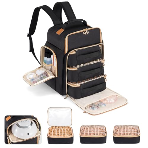 Hautton ネイルポリッシュオーガナイザーは126本のボトルを収納可能、3つの独立した引き出し付きの特大収納バッグ、プロ仕様の丈夫なランプ用品、マニキュアリスト用ネイルポリッシュトラベルケース