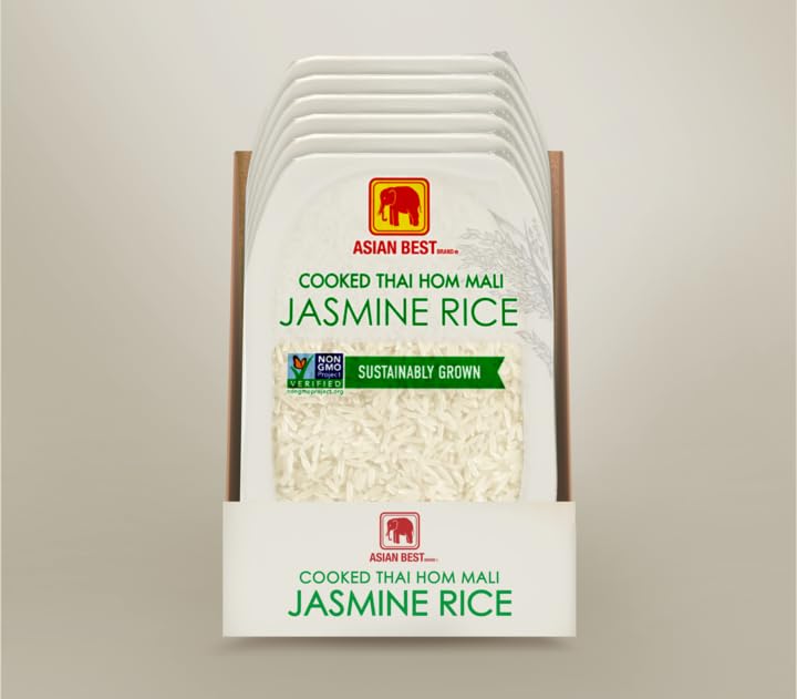 Asian Best Ready to Eat Cooked Thai Hom Mali Jasmine Rice, 12 Packs x 200g