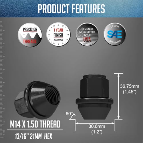 Image of Wheel Accessories Parts 20 Pcs M14x1.5 14x1.5 Thread OEM Style Lug Nuts 1.45 inch Long Black 13 /16 inch 21mm Hex Fits Ford Mustang Explorer Maverick ACPZ-1012-M | 611-007