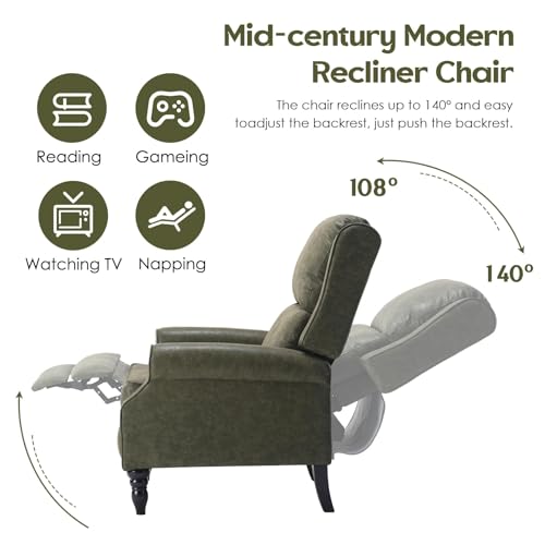 Image of Leather Recliner Chair, Pushback Recliner Chair with Adjustable Backrest Footrest, Mid Modern Reclining with Overstuffed Arms Lumbar Support for Reading, Living Room, Green