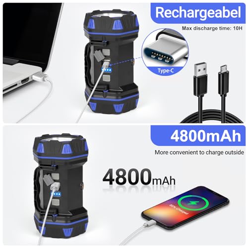 Led Camping Lantern Rechargeable, Camping Flashlight 1500LM, 8 Light Modes, Camping Lights 4800 Capacity, Portable Bright Flash Light for Emergencies, Power Outages, Hurricane, Hiking (Blue 1PACK).