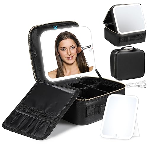 Luxspire Trousse de Maquillage de Voyage avec LED Miroir, 3 Modes d'Éclairage Miroir de Maquillage LED Valise Maquillage Trousse de Étuis de Voyage avec...