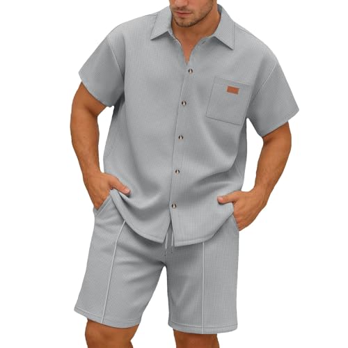 2 Piece Set For Men Short Sleeve Waffle Loose Fit Shirt And Shorts Stretchy Summer Beach Vacation Fashion Matching Sets