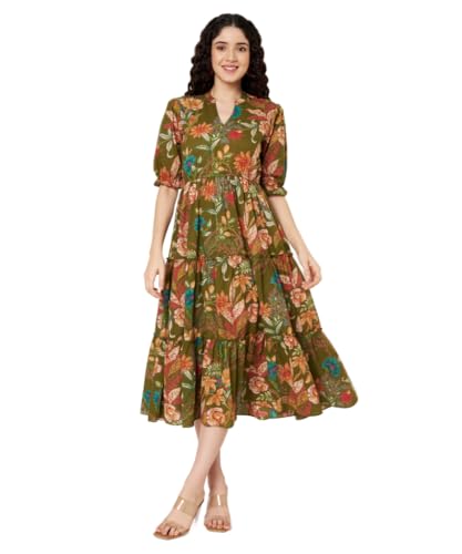 Image of PIDAVLIYA'S Women's Cotton Floral Printed Midi Dress | V-Neck Fit & Flare Dress with Puff Sleeves | Casual Summer Wear