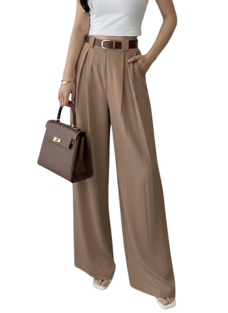SMOWKLY Women's Brown Wide Leg Trousers Light Brown - Image 1