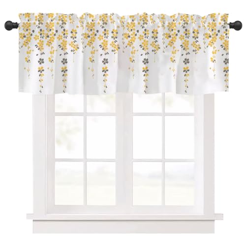 Ausing Cortinas de cocina con flores y hojas impresas cortinas cortas cafetería bistró cortina volantes balcón baño amarillo