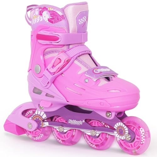 Nattork Patines en línea para niños y adultos, 4 tallas ajustables, patines en línea para niños y mujeres, patines en línea para hombre (rosa, M (32-36))