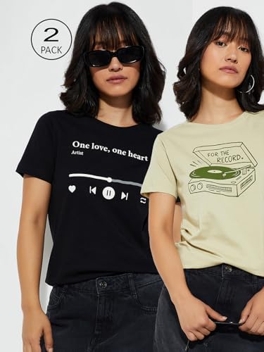 Image of Max Women's Cotton Regular Fit URB N Graphic Printed T-Shirt - Pack of 2