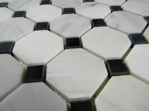 Cararra Arabescata 2" Octagon Polished With Black Dot Floor Pattern Tile #TOP22