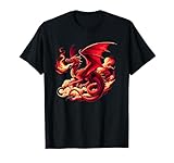 Mythical Red Dragon Breathes Fire On Clouds, Boy Girl Dragon T-Shirt