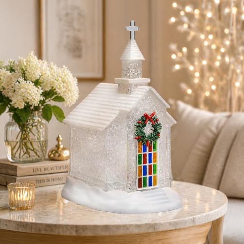Lighted Chapel Church Moments in Time LED Acrylic Holiday Tabletop Decoration Glittering Crystal Church Stained Glass Window Battery Operated (3 AA Batteries Not Included) Holiday Table Decor