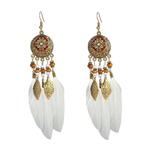 Boho Feather Leaf Dangle Earrings for Women Girls Gold Plated Long Ball Bead Leaf Fringe CZ Enamel Dreamcatcher Statement Charms Drop Dangling Fish Hook Stud Lightweight Antique Bohemian Festival Party Jewelry Gifts