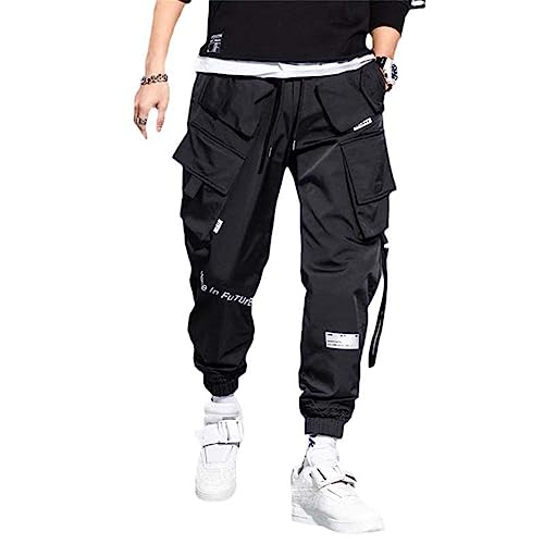 Aoleaky Casual Streetwear for Men Spring Cargo Pants Ribbon-Adorned Harem Jogging Pants and Multi-Pocket Trousers