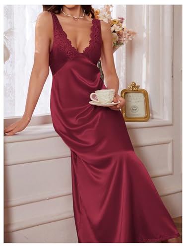 Image of WDIRARA Women's Satin Sleepwear Nightgown | Lace, Backless, Deep V Neck, Sleeveless, Long