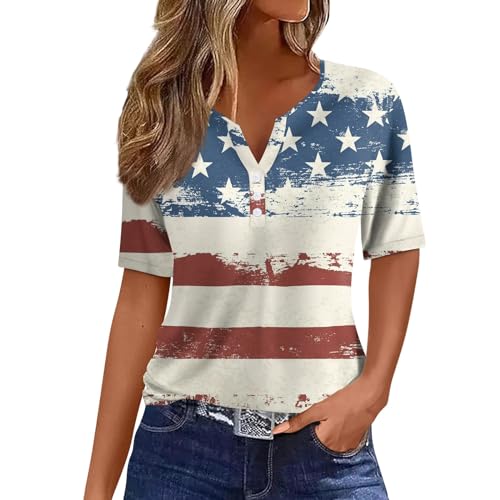 Big Spring Sale,4th of July Outfits for Women Summer Trendy Short Sleeve V Neck USA Shirts Casual Loose Fit Fourth of July Tops Funny Cute American Flag Patriotic Shirts(Ac Beige,Large)