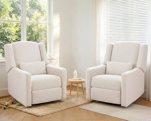 Image of Power Nursery Rocking Chairs Set of 2, Skin-Friendly Teddy Fabric Nursery Recliner Chair Swivel Gilder, Power Nursing Chair for Adults with Waist Pillow, USB Charging,Beige
