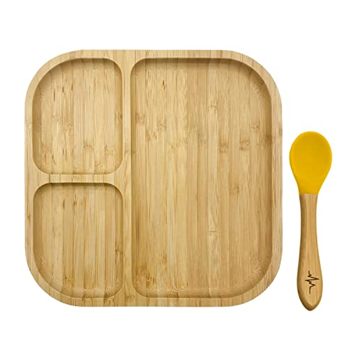 natural styles & more® Bambus Babyteller Kinderteller mit Saugnapf⎪2-teilig⎪Bambus Teller inklusive Löffel für Keinkinder⎪Zeitloses Design⎪Bambus Geschirr Set⎪Clever Plate Basic (Gelb) Cover