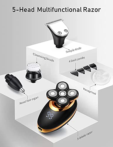 Electric Shavers For Men - 5 In 1 Bald Head Shavers For Men, 5D Floating Cordless Usb Rechargeable Rotary Razor Multifunctional Grooming Kit Beard Trimmer Waterproof Wet And Dry With Led Display #TOP3