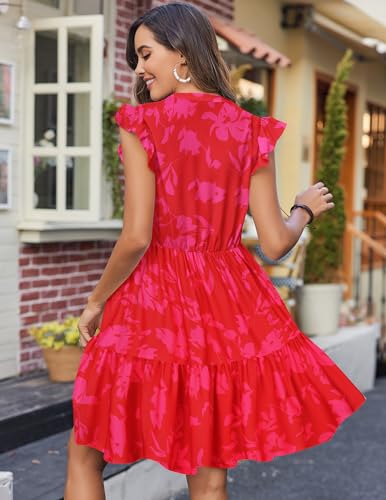 Image of HOTOUCH Women Printed Dress for Summer Short Ruffle Sleeve Dress Tiered Mini Dress with Pockets