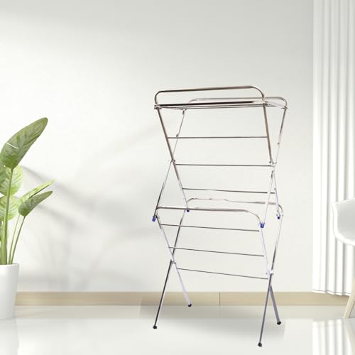 Image of DWET Stainless Steel Heavy Duty Foldable Cloth Drying Stand Sturdy Laundry Rack and Space-Saving Clothes Stand 13 Rod Use for Indoor | Outdoor | Balcony (Silver)