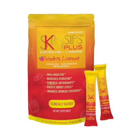 SkinSips Plus Electrolyte Powder Drink Mix with L-Theanine, Strawberry Lemonade Hydration & Recovery Supplement, Antioxidant Drink, 20 Packets